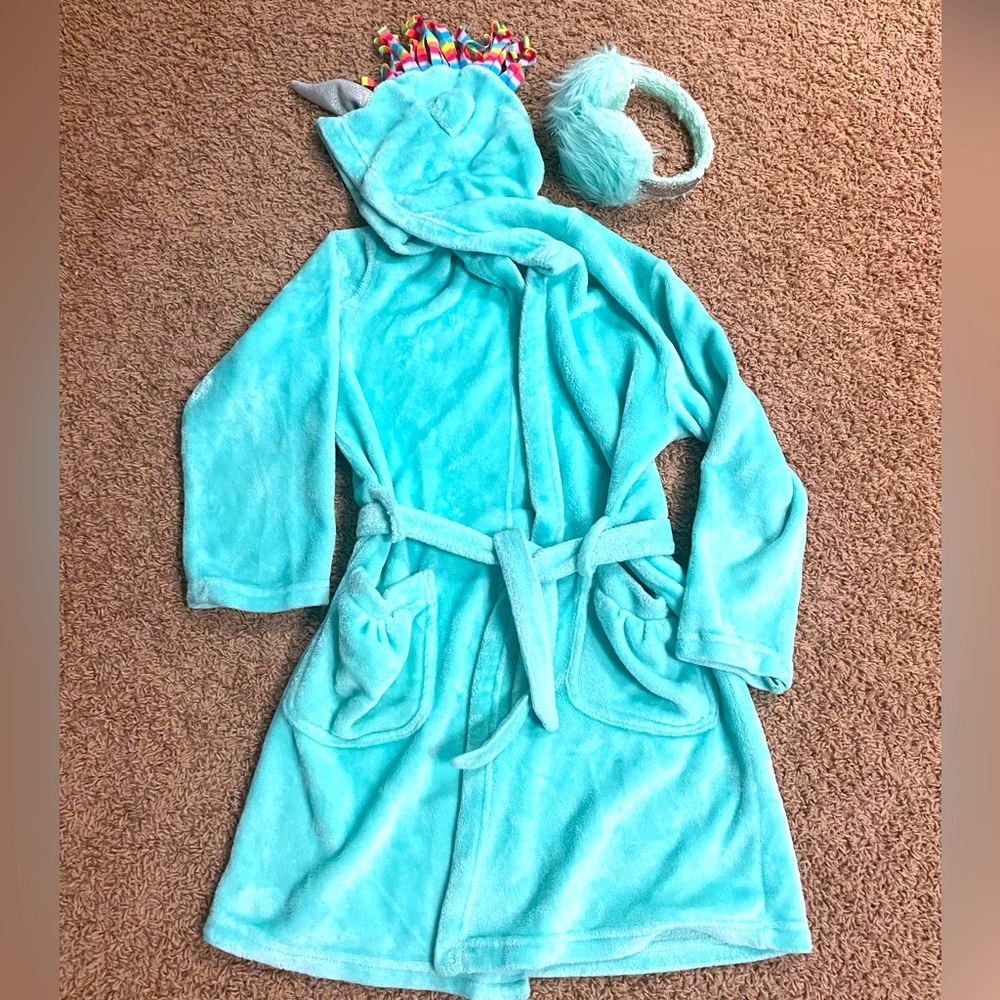 Kids Plush Hooded Bathrobe - Aqua Blue size 10-12